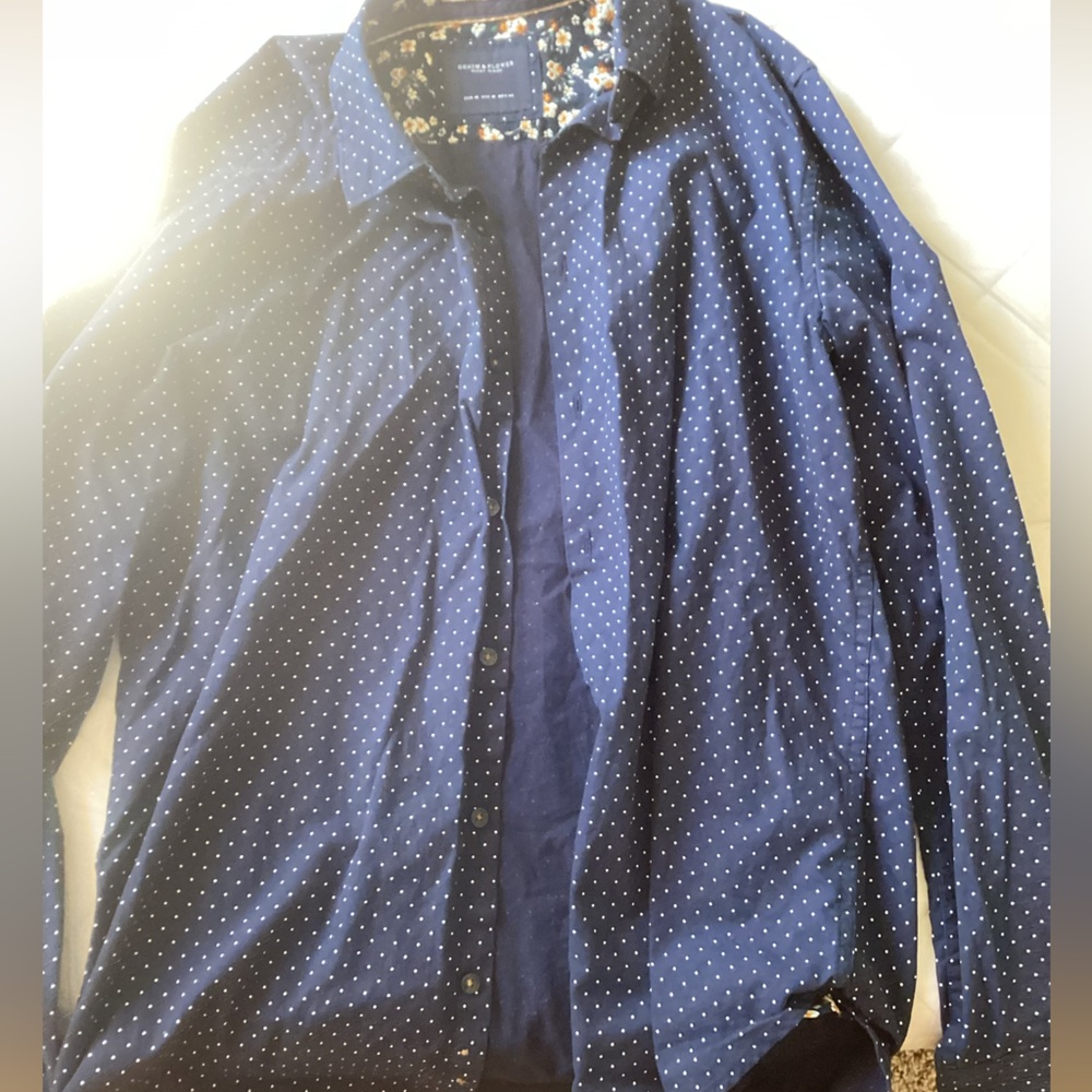 Blue with white pooka dots button down shirt mens.